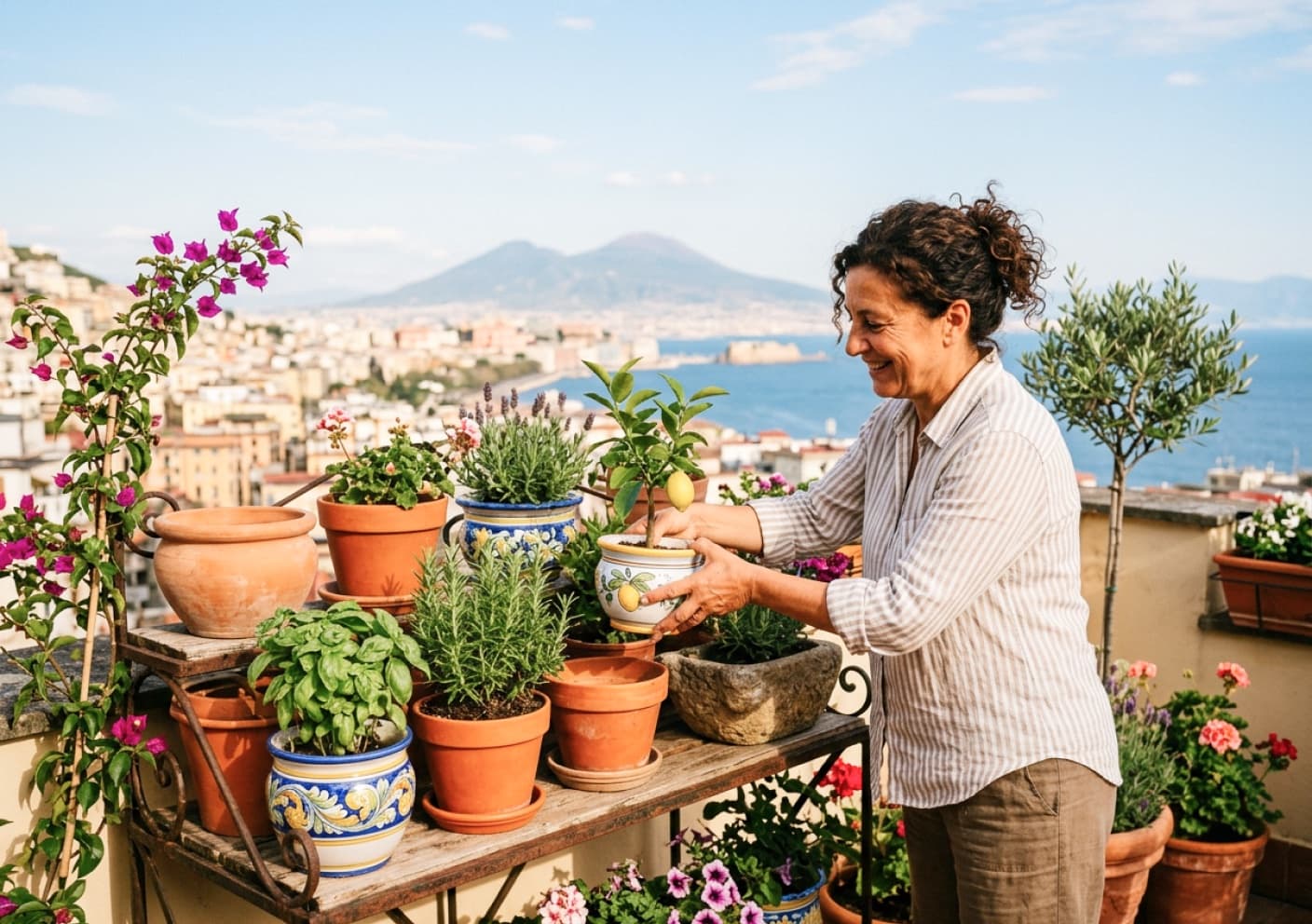 Piccolo balcone urbano con tre vasi verticali, lavanda e gelsomino rampicante