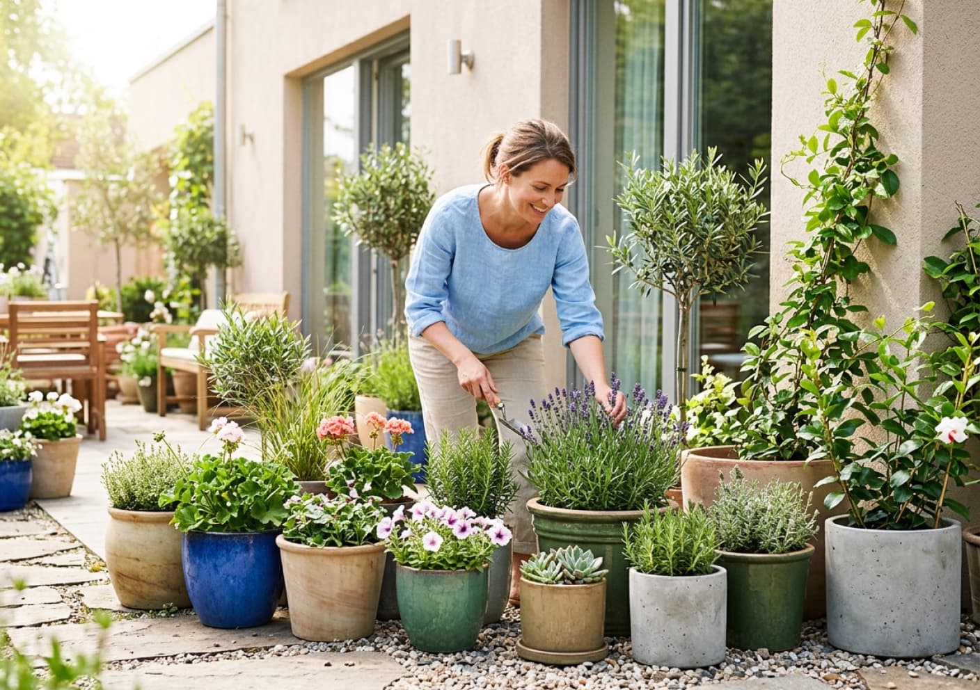 Giardino di casa con vasi in terracotta, olivi in vaso e aiuola con lavanda