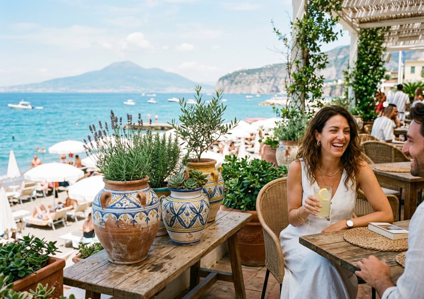 Beach club con grandi vasi in terracotta bianca e palme kentia a bordo piscina
