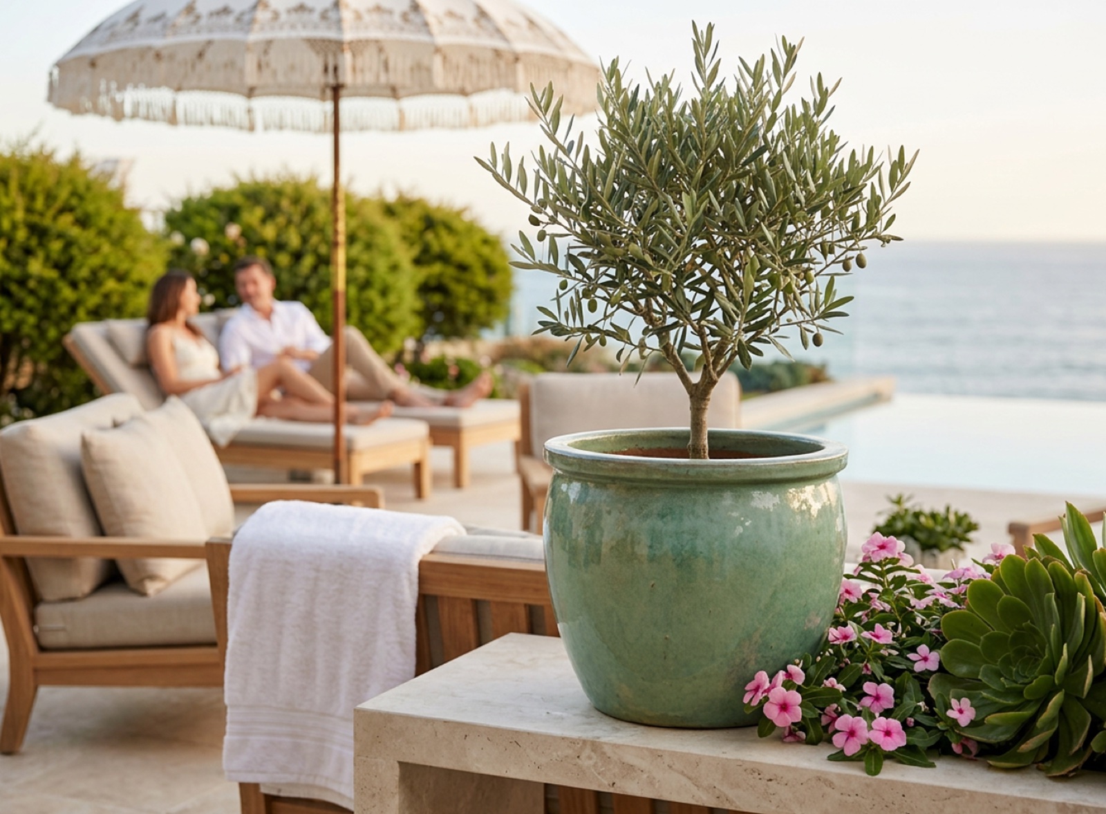 Vaso in ceramica verde acqua con piccolo olivo su terrazza vista mare